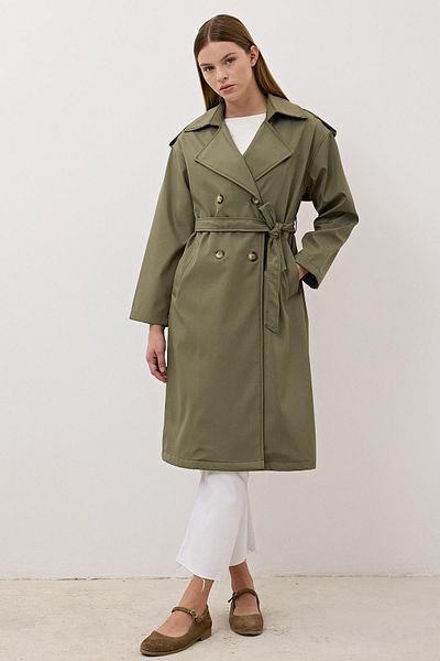 LEVURE Women's Trench Coat with Waist Belt and Button Detail - Khaki