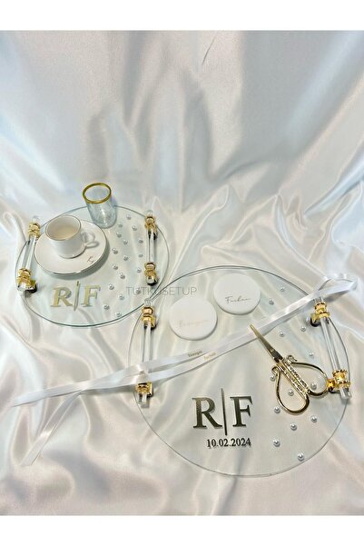 TutkuSetUp İnci Detay Cam Söz-Nişan Tepsi Seti, İsimli Kurdele, İsim Baskılı ...