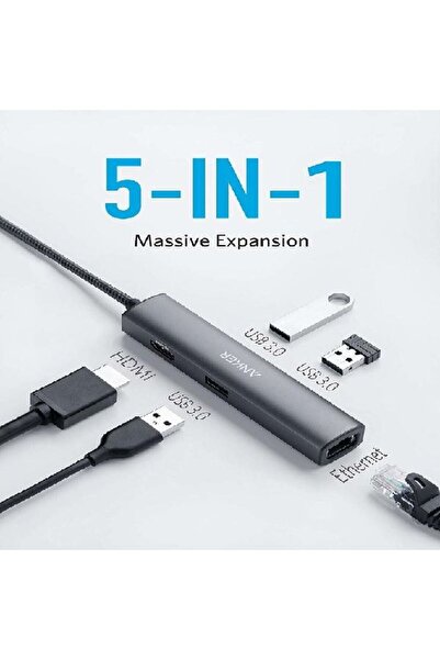 Anker موزع 5 في 1 ممتاز | نوع USB-C | A8338HA1-A | اللون الرمادي