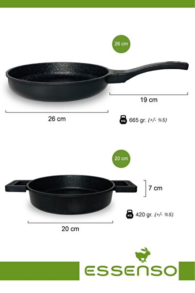 Essenso Granit Döküm Yeni Model 26 Cm Tava 20 Cm Sahan Silikon Tutacaklı Set