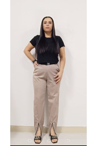 AKŞEN GİYİM Plus Size Full Lycra Cotton Linen Office Pants - Ankle Length with Belt and Zipper