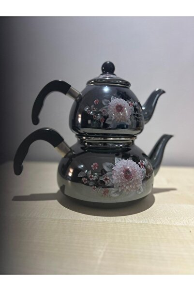 Ebru Metal Emaye Çaydanlık Takımı Siyah Çiçekli