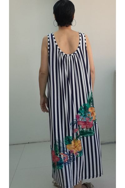 Mertcan Butik Navy Blue and White Stripe Floral Print Gathered Front and Back Combed Cotton Viscose Dress