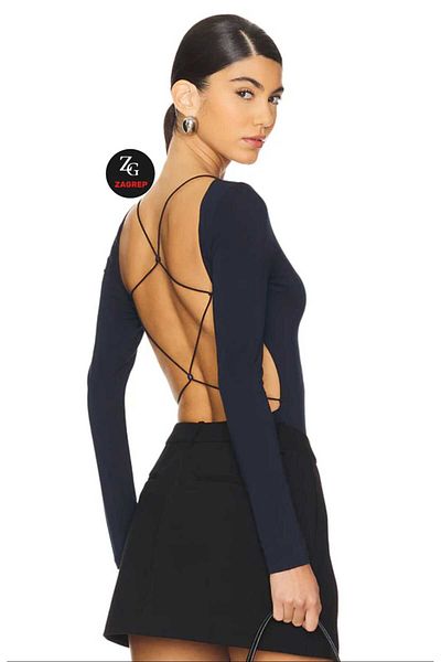 Zagrep Women's Navy Blue Back Low-Cut Spaghetti Strap Snap Fastener Silk Jersey Bodysuit