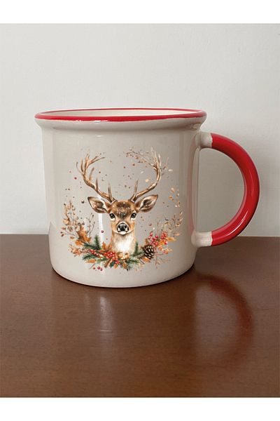 lili hediyelik Red Mouth Mug with Deer Print on New Year's Eve New Year's Gift