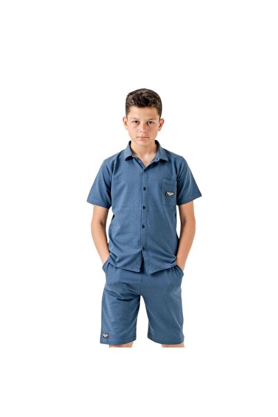 bebegen Σετ για αγόρια με πουκάμισο με κουμπιά σε μπλε ναυτικό και διπλό σορτς