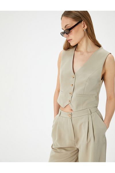 Koton Crop-Weste mit V-Ausschnitt – Fleto mit Taschen und Knöpfen