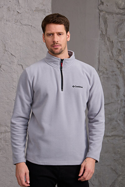 MAXIMILLIAN Ανδρικό χειμωνιάτικο γκρι φλις μπουφάν - Χοντρό μισό φερμουάρ, βαμβακερό ύφασμα