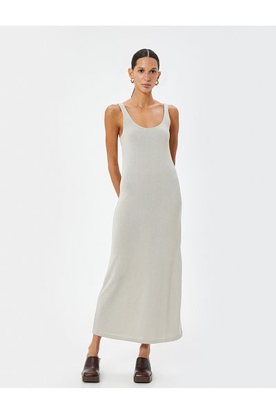 Koton Viscose με υφή U-Neck - Μακρύ μολύβι φόρεμα με χοντρές τιράντες