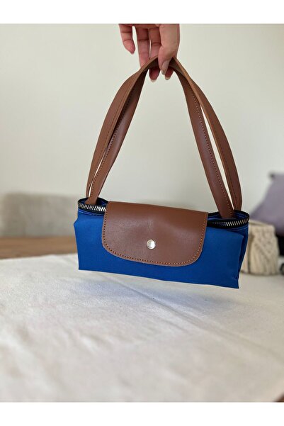 Butik Deri Saplı Katlanabilir Mavi Kadın Omuz Çantası