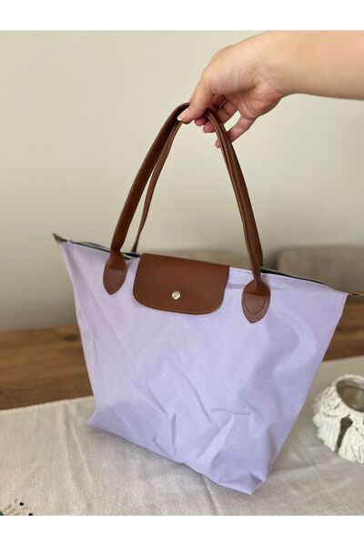 Butik Deri Saplı Katlanabilir Lila Kadın Omuz Çantası