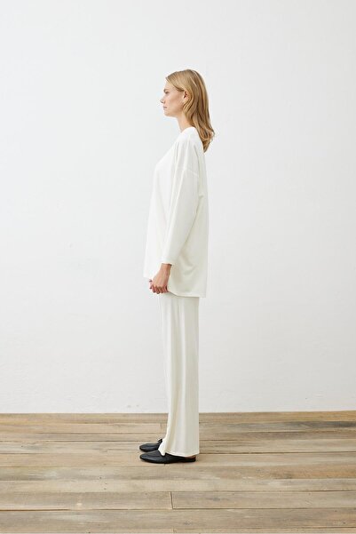 TERZİ DÜKKANI Ecru Color Modal Combed Cotton Striped Trousers Set