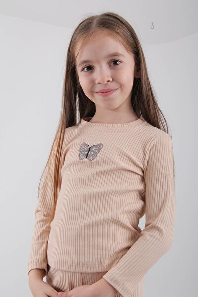 Perendi 100% Cotton Butterfly Embroidered Girl's Sweatshirt Stone