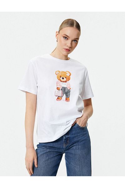 Koton T-Shirt mit Teddybär-Aufdruck, Rundhalsausschnitt, kurze Ärmel, Baumwolle