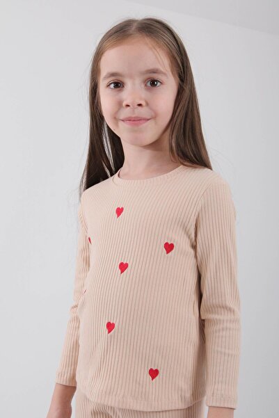 Perendi %100 Pamuklu Minik Kalp Nakışlı Kız Çocuk Sweatshirt Bej