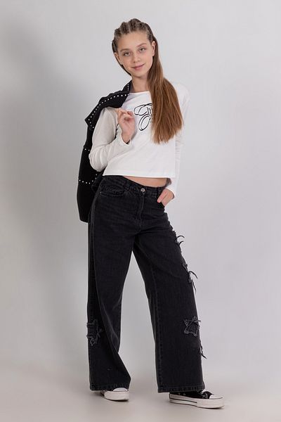 DMB BOYS & GIRLS Star Detailed Soft Textured Wide Leg Wide Leg Jeans Girls' Jeans
