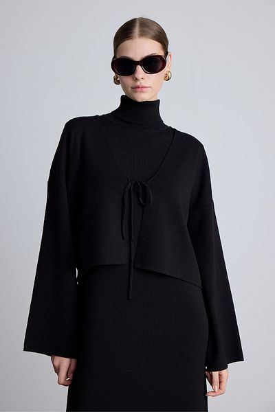 Manuka Schwarzer Strick-Cardigan – Schnür-Design