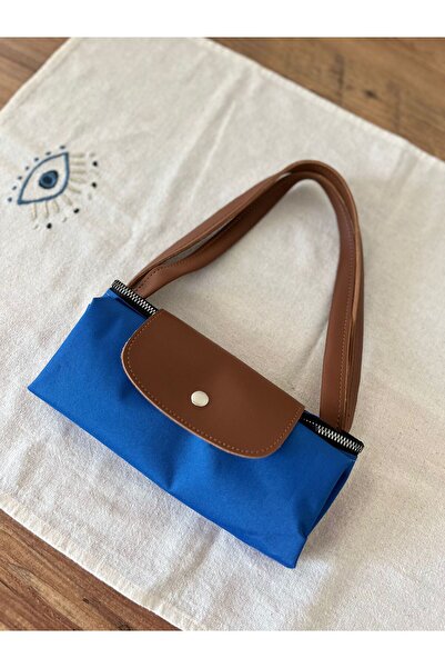 Butik Deri Saplı Katlanabilir Mavi Kadın Omuz Çantası