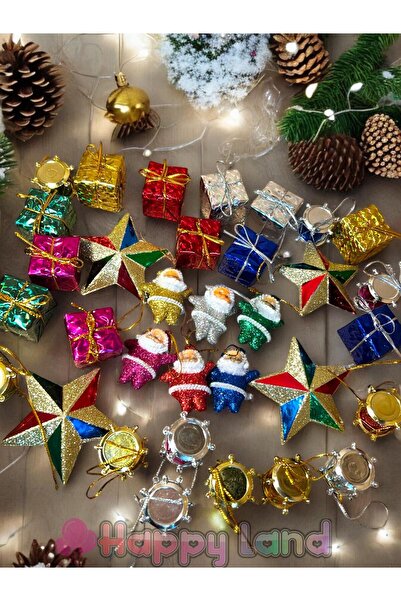 Happyland Yılbaşı Süsleri Seti 34 Parça Renkli Trend Karışık Yılbaşı Ağacı Süsleri Seti Happy New Year Set