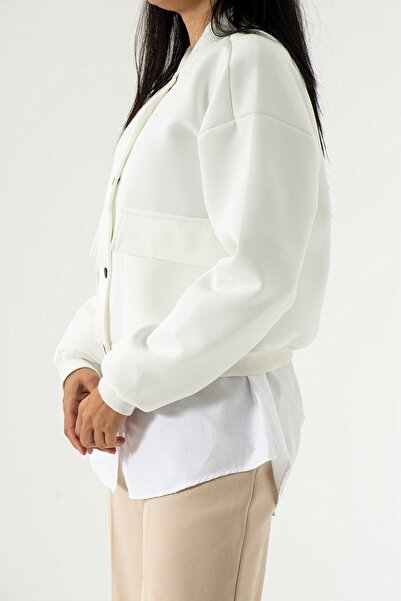 Seniorah White Diver Fabric Double Pocket Bomber Jacket