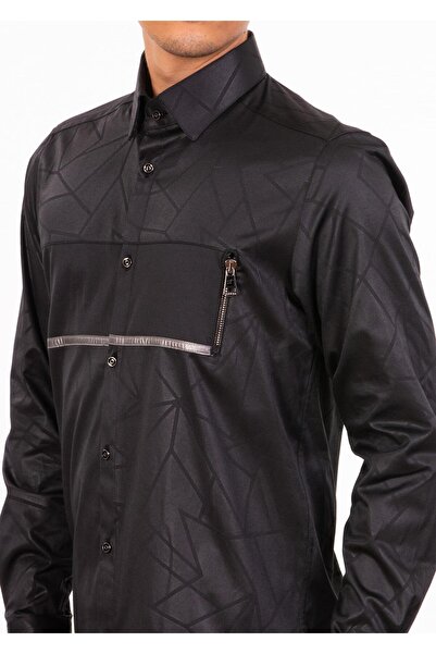 Mondo Siyah Geometrik Desenli Fermuar Detaylı Gömlek