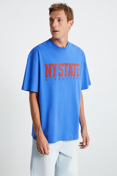 GRIMELANGE Atlanta Men's 100% Cotton Short Sleeve Print Detailed Parliament Blue T-Shirt