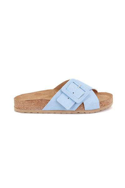 Desa Women's Blue Adjustable Buckle Suede Leather Slippers