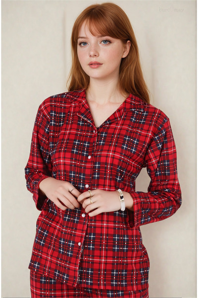 Burcumay Red Suede Winter Pajamas Set - Plaid, Long Sleeve and Buttoned Front