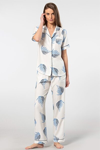 TÜREN Women's 3604/Ecru Patterned Short Sleeve Woven Pajama Set