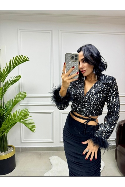 Lila Rosa Otriş Kol Payetli Mini Ceket