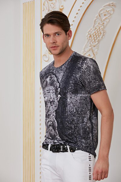Mondo Siyah Mozaik Antik Desenli Bisiklet Yaka T-shirt