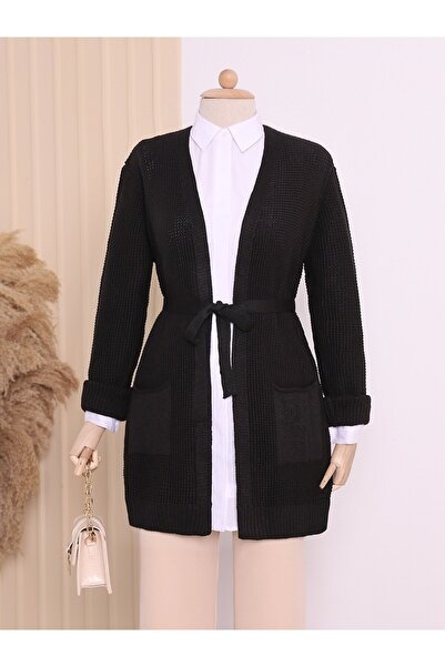 Modamorfo Lace-Up Solid Color Knitted Cardigan - Black