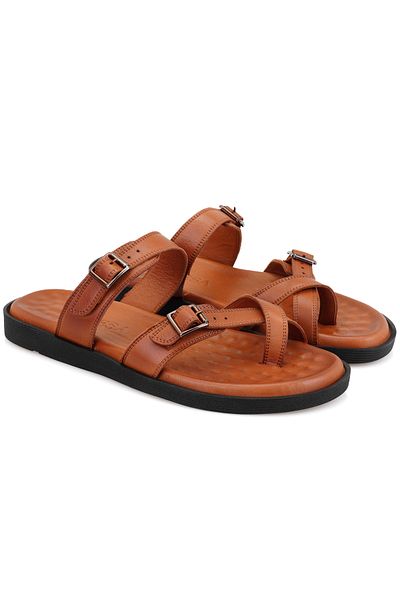 Desa Essence Tan Men's Adjustable Buckle Leather Slippers