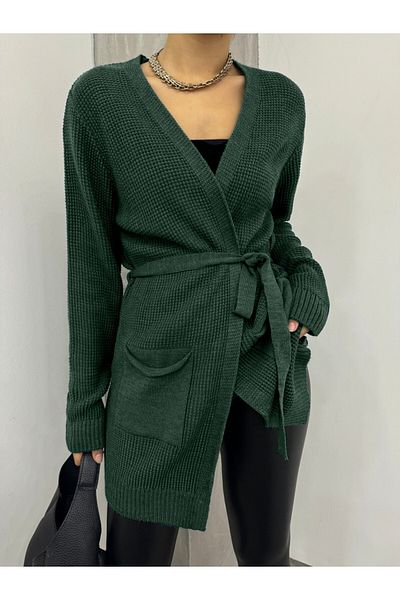 Modamorfo Solid Brass Knitted Sweater Cardigan - Lace-Up and Emerald