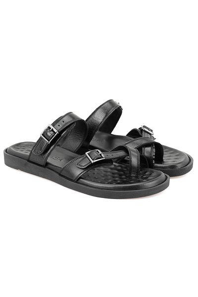 Desa Essence Black Men's Adjustable Buckle Leather Slippers