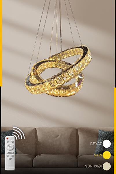 Sword Lighting İkili Halka Kristal Ledli Uzaktan Kumandalı Avize, Salon Oturm...