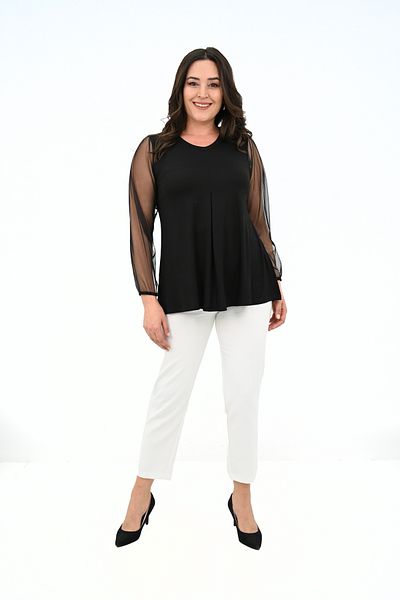 Koza Butik Women's Plus Size Pleated V Neck Tulle Detail Blouse 1857-25