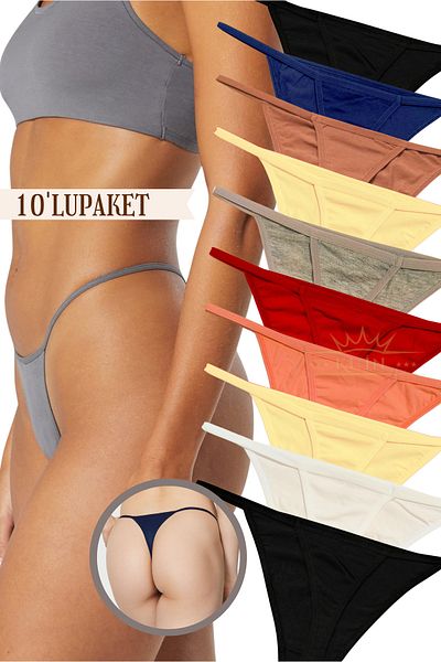 KUIN Pack of 10 Rope Strap Cotton, Lycra Combed String Thong Black Panties