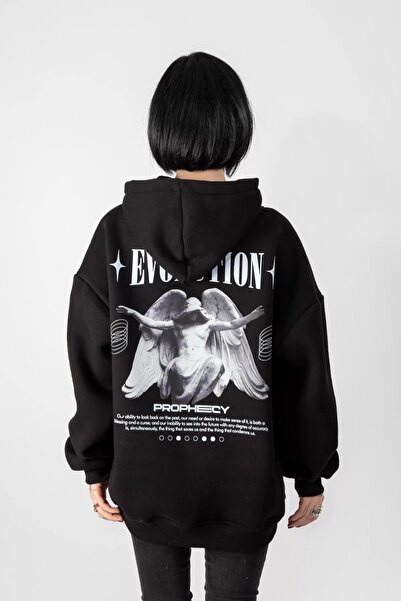 Sekizbiraltı Unisex Oversize Hooded Black Hoodie - Evolution Printed