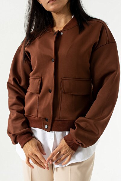 Seniorah Brown Diver Fabric Double Pocket Bomber Jacket