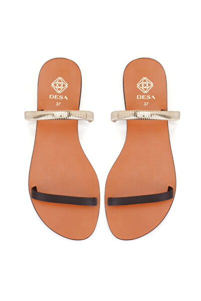 Desa Γυναικείες δερμάτινες παντόφλες καφέ με γυαλιστερά αξεσουάρ