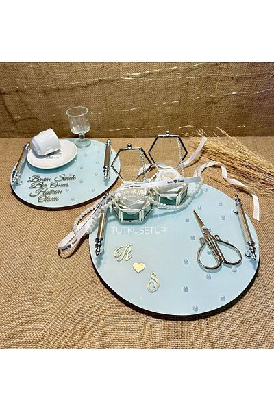 By Ayça Vardan First Promise-Engagement Tray Set with Pearls and Names - Groom Brown, White Rose Detailed