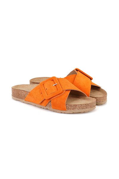 Desa Women's Orange Adjustable Buckle Suede Leather Slippers