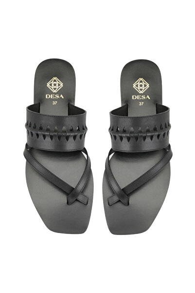 Desa Γυναικείες μαύρες δερμάτινες σαγιονάρες