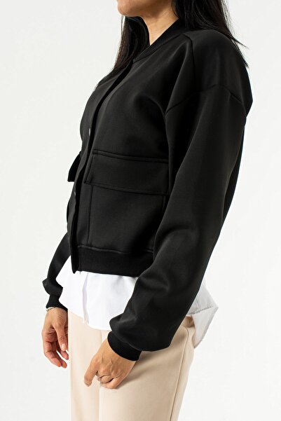 Seniorah Black Diver Fabric Double Pocket Bomber Jacket