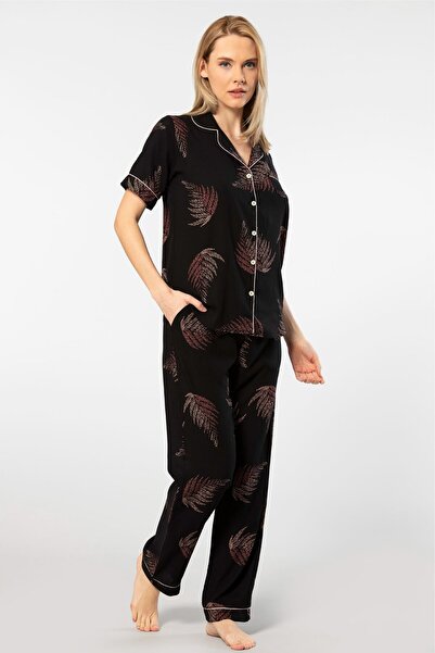 TÜREN Women's Patterned Short Sleeve Woven Pajama Set 3604/Black