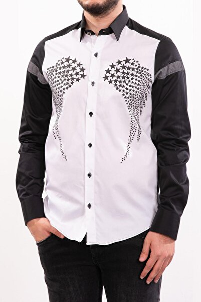Mondo Beyaz-siyah Göğsü Yıldız Ve Kanat Desenli Gömlek
