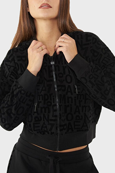 EA7 Streç Pamuklu Logo Baskılı Relaxed Fit Kapüşonlu Crop Sweat  SWEAT 7W000007 AF10195 UC001