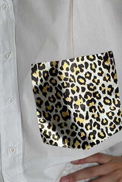Miss Poem Γυναικείο μακρύ πουκάμισο λεοπάρ με λεπτομέρεια τσέπης oversized λευκό