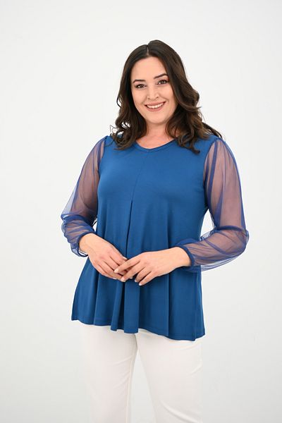 Koza Butik Γυναικεία μπλούζα με πλισέ V λαιμόκοψη με λεπτομέρειες από τούλι 1857-25